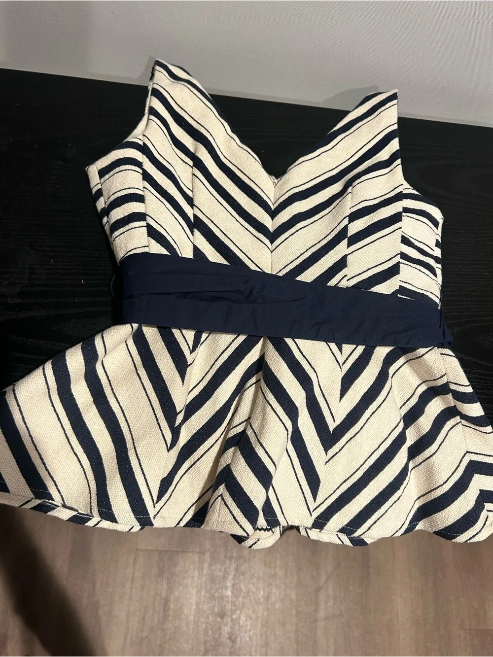 Striped V-Neck Peplum Top with Navy Waist Tie